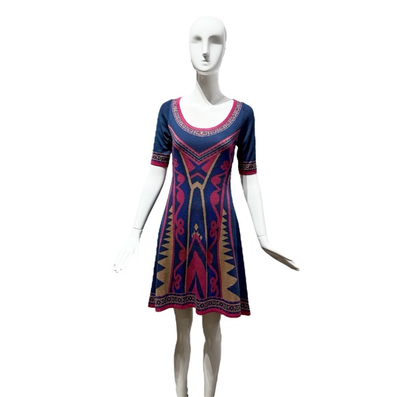 FLYING TOMATO Blue Pink Geometric Bohemian Bodycon A-line Pullover Dress Size M - Picture 7 of 16